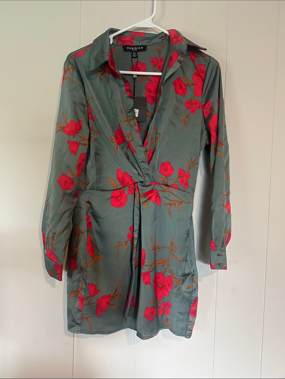 Parisian Works Sage Green Wrap Tunic with Red Floral Print